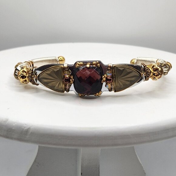 Liz Tech 2013 Camphor & Faceted Purple Glass Earthtones Cuff Bracelet Adjustable - Picture 11 of 12